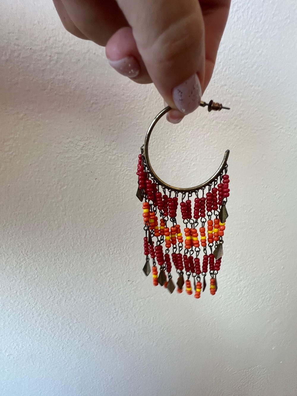 Boho Beaded Fringe Hoop Earrings — Red & Orange 4 inch - Picture 8 of 8